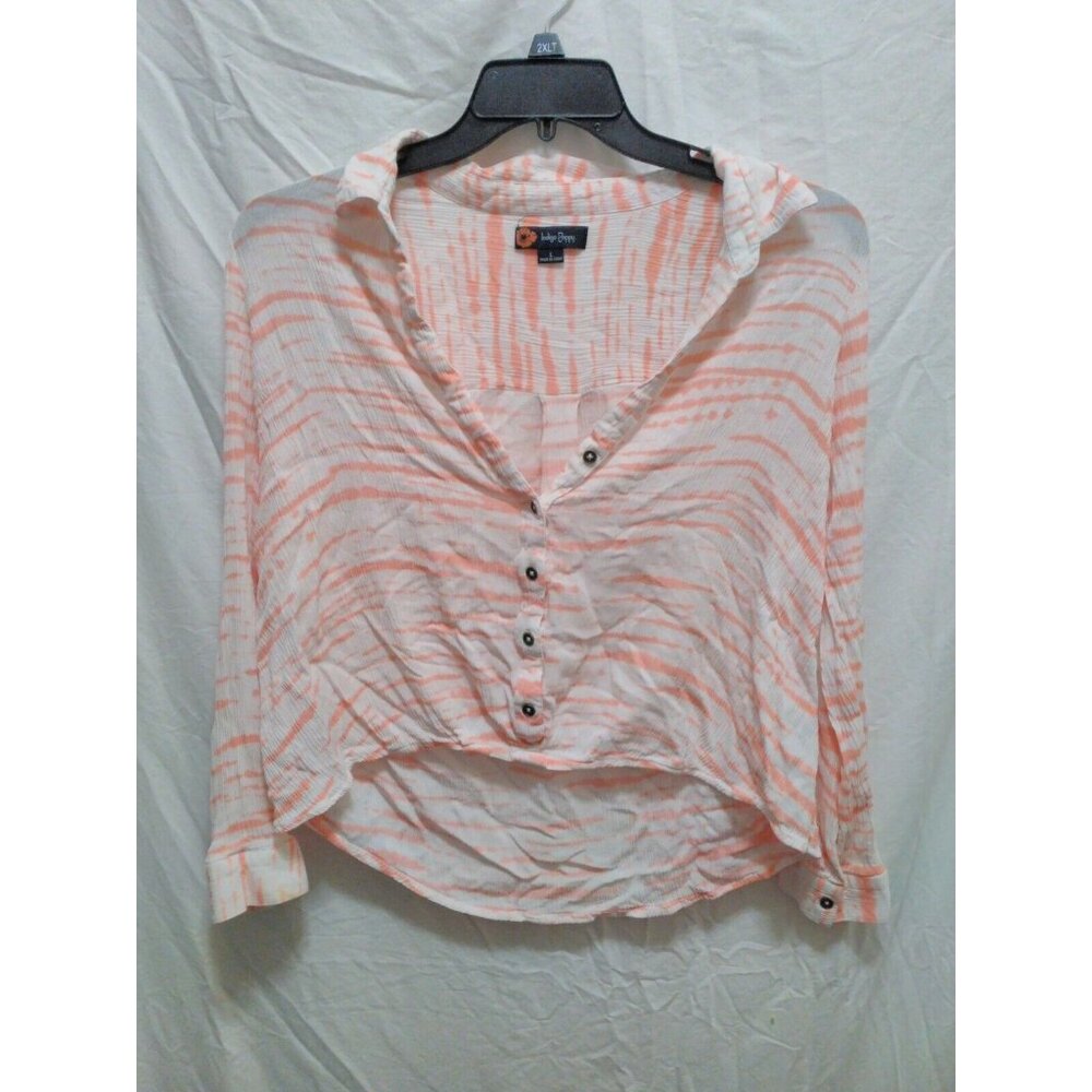 Indigo Poppy Pink and White Striped Button Front Cropped Roll Tab Sleeve Top L